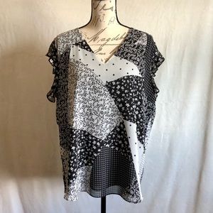 Calvin Klein Black and White Patchwork V-Neck Blouse